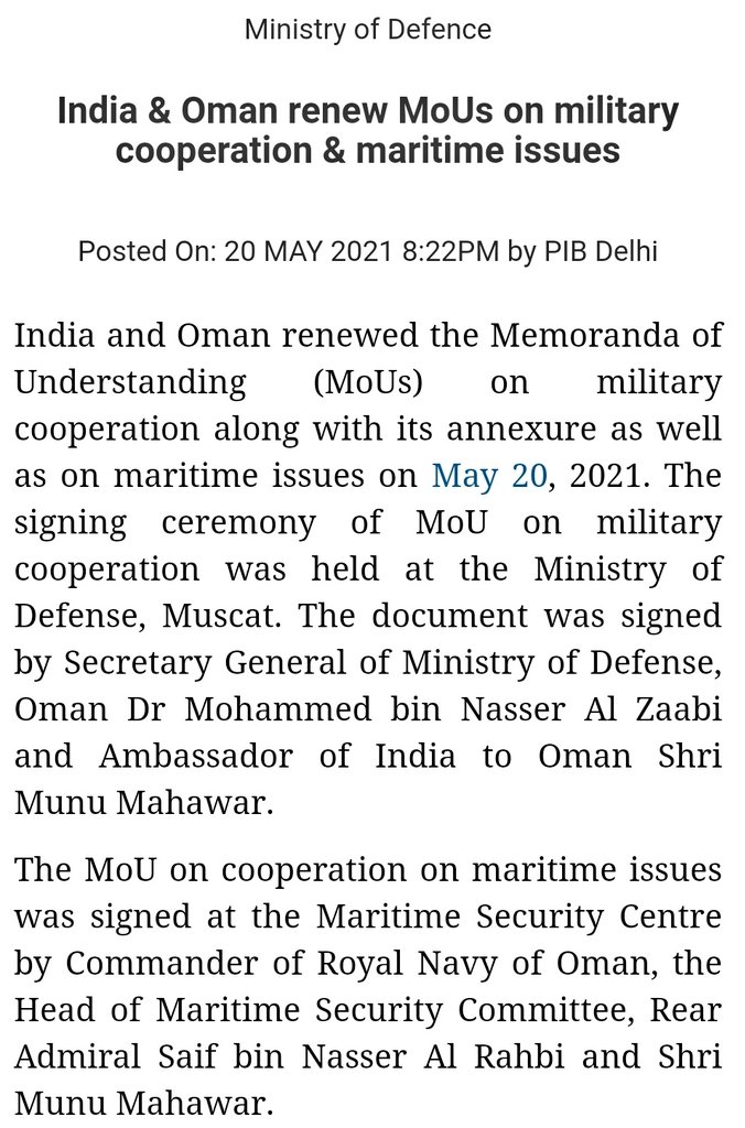  "India, Oman renew 2016 MoUs on military cooperation  & maritime issues "