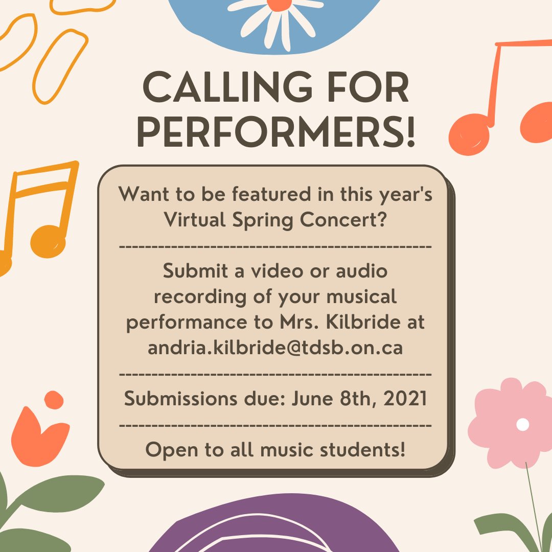 We’re having a Virtual Concert! 
Save the date : Tuesday, June 15 at 4pm on Zoom
Performances will include:
•  course work from quad 1, 2, 3, 4,
•  Virtual Band 
•  other student performances

WANT TO PERFORM? Please fill in the form pores in Google Classroom. <a href="/TDSB_BethuneCI/">Bethune CI</a>