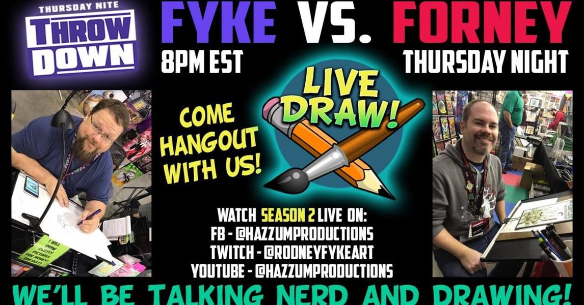 AmandaGPresents's tweet photo. Friends &amp; sponsors of AGP, @rodneyfyke &amp; @SeanForneyArt, will be LIVE tonight (5/20) at 8pm EST w/another #ThursdayNiteThrowDown!

Watch on #Facebook: https://t.co/iVEbdZFoCW
#Twitch: https://t.co/yifCLJpbq3
and #YouTube: https://t.co/iR8dFZHipB

#creators #artists #comicbooks https://t.co/f0WWL4HR8L