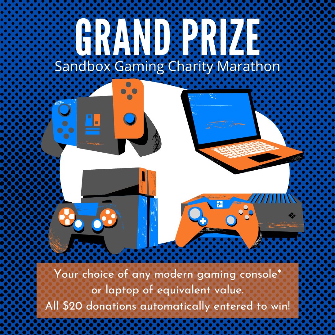 SandboxGamingNL's tweet image. We are 3 weeks away from our 21st Charity Gaming Marathon! Our Grand Prize will be a gaming console of your choice*, or a laptop of equal or lesser value! 

Every $20 donated (total) enters you in to win the draw!
#SBG4Kids #Charity

(*Playstation and Xbox Digital-only versions)