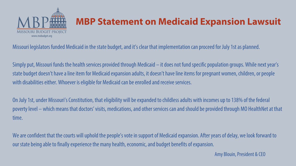 MissouriBudget's tweet photo. MBP released the attached statement in support of Medicaid expansion &amp; the lawsuit  filed today in Cole County Circuit Court. https://t.co/ntnUYXpuji