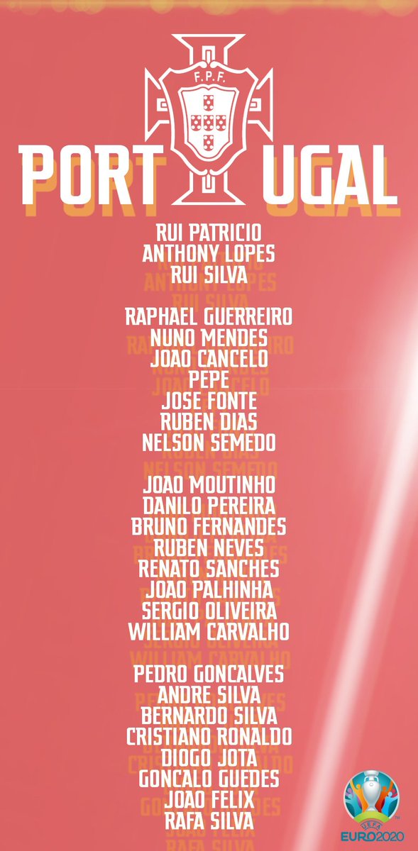 NVPORTUGAL's tweet photo. #OFFICIEL : Voici la liste des 26 joueurs convoqués avec la sélection du Portugal 🇵🇹 pour l'EURO ! 

La seleçao affrontera la France 🇨🇵, l'Allemagne 🇩🇪 et la Hongrie 🇭🇺 dans le groupe F. https://t.co/0Wj9h4ccHB
