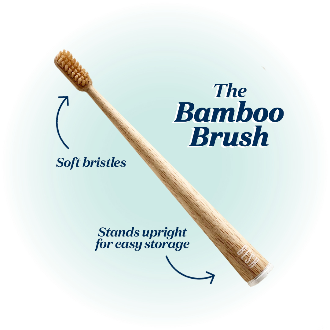 BeshLabs's tweet image. Have you met our BESH Bamboo Brush? Choose between soft or medium bristles and get rid of your brush holder. This brush stands upright on its own. Get it as a gift with your BESH toothpaste order for a limited time 💙✨