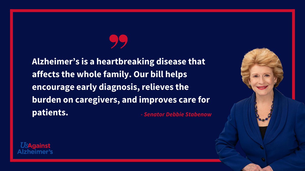 UsAgainstAlz's tweet photo. Thank you @SenStabenow for sponsoring the #CHANGEAct & helping to lead the charge on the importance of early detection of #Alzheimers. Earlier diagnosis can help to relieve the burden of #Alz on patients, caregivers, and society. https://t.co/qonPlfOxHC