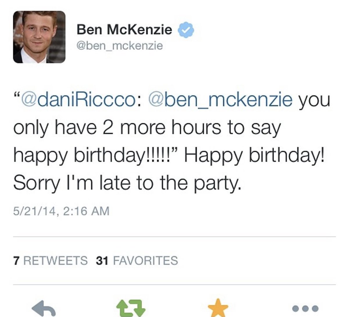 _daniricco's tweet photo. @ben_mckenzie Hi remember this it’s my bday again and I still love you!!!!!! https://t.co/psjgQrKwsI