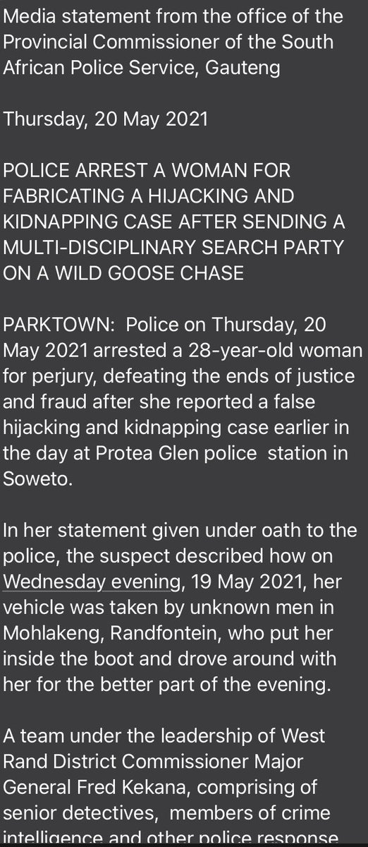 Jonoloud's tweet image. #findsimphiwe was a complete fake story. Here is the police statement. Why do such a thing in a country where so many fall victim to crime on a daily basis?