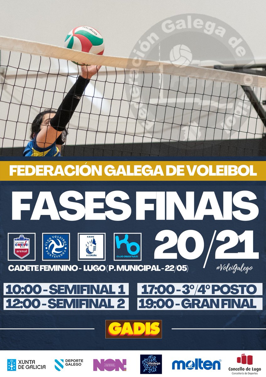 VoleiGalego's tweet photo. 🏆Esta fin de semana terán lugar as FF Cadete!
Quen serán xs Campións/Campioas Galegxs? 🏆@gadis 

➡️ FF CF 📅 22/05/21 📍 Lugo 
⚔️  @cvemevelugo @CVPontevedra @cvcalasancias @ClubKorbis 
➡️ FF CM 📅 23/05/21 📍 Boiro 
⚔️ @BoiroVoleibol @ClubKorbis CV Oleiros @voleydumbria https://t.co/2RNMLPM7qq