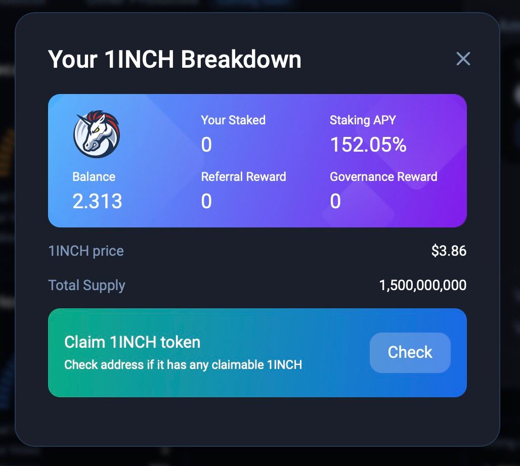 😱 Look at this impressive $1INCH staking #APY rate on #BSC! 👇 💥 💣 152%  💣💥 #1inch #DeFi #BinanceSmartChain