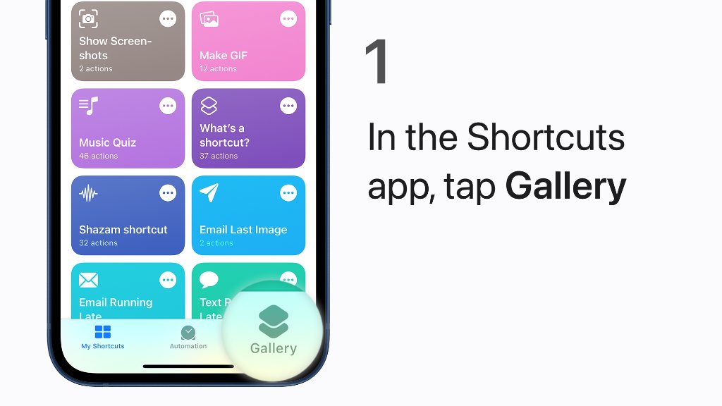 Step 1:
In the Shortcuts app, tap Gallery in the bottom-right corner of your screen.