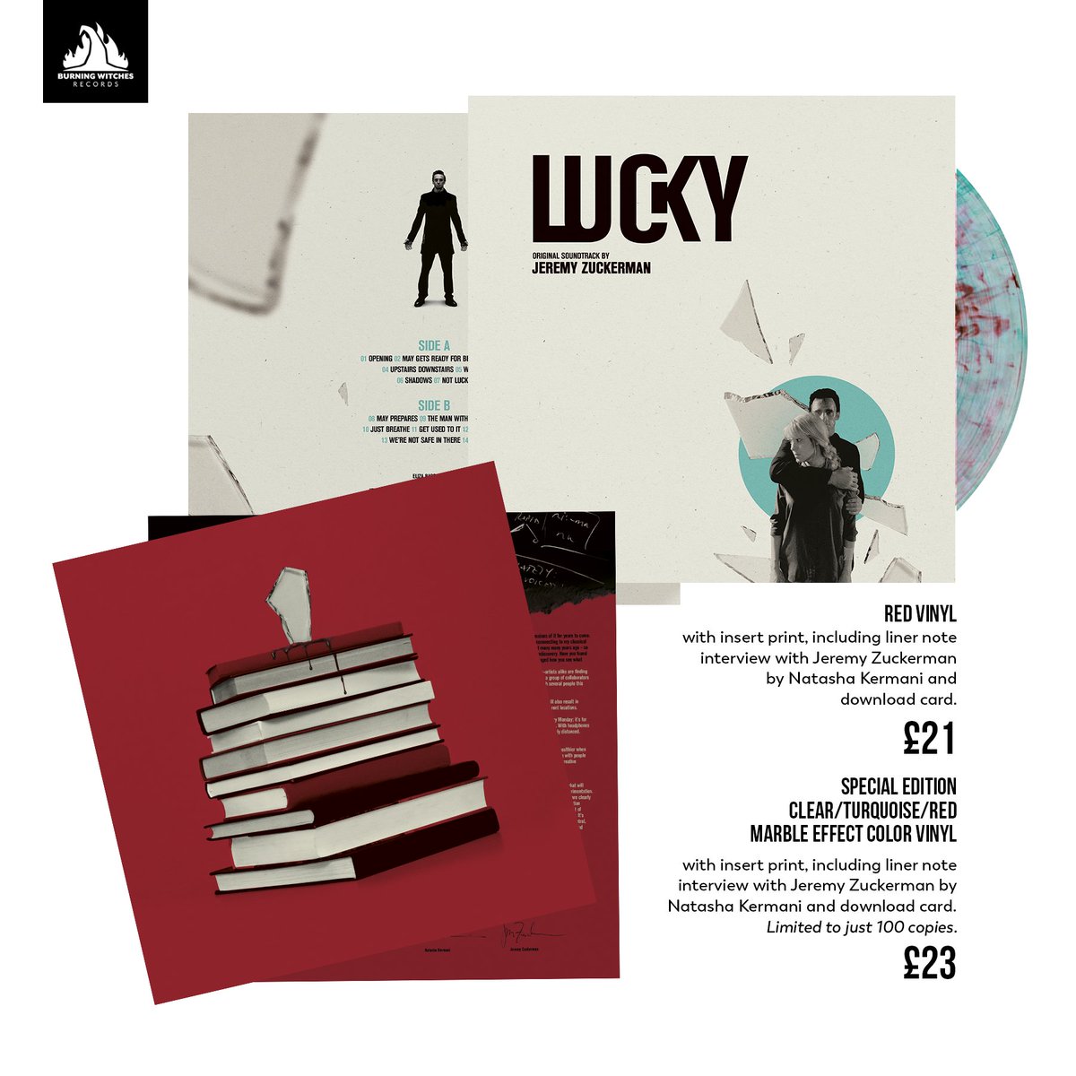 SG_Posters's tweet photo. So very happy to share the packaging I did with @BurningAWitch for @jeremyzuckerman's amazing #LUCKY soundtrack on vinyl, pre-order of these two beautiful versions starts tomorrow! https://t.co/jqg941rRJA https://t.co/zb5YH5QWbw