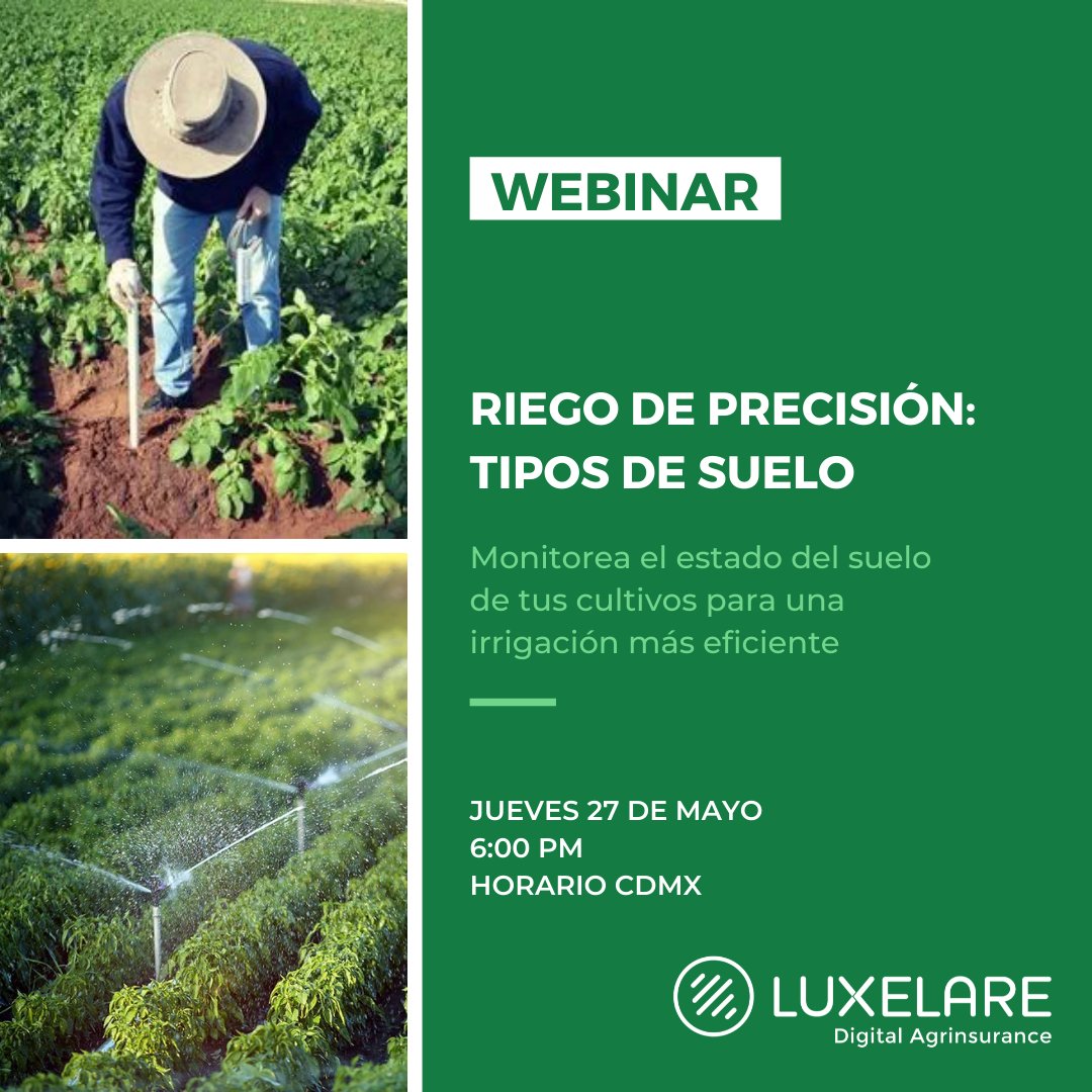 Otro Webinar más sobre irrigación inteligente.

En poco más de una hora aprenderás lo básico sobre el uso de sondas de suelo para planificar tus riegos.

Regístrate hoy. bit.ly/wl-suelo