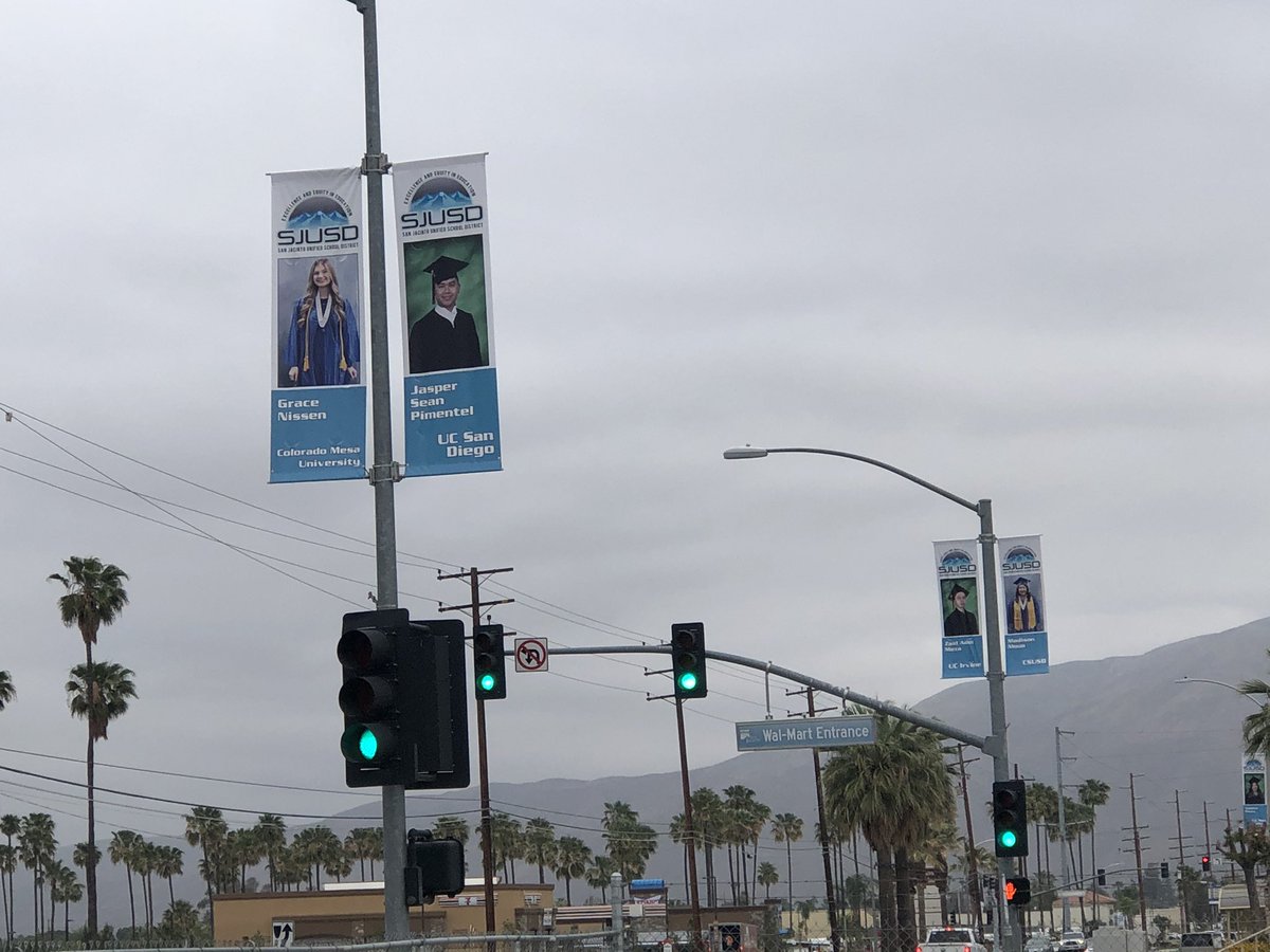Doesn’t the ‘May gray’ marine layer bring out the SJUSD Top 40 graduate banners along our thoroughfares?! The banners honor tradition, resilience and pride in our grads from <a href="/SanJacintoHS/">San Jacinto High</a> <a href="/MHAMtLions/">Mt. View Alternative Schools</a> <a href="/MVHSWarriors1/">Mountain View HS</a> #classof2021