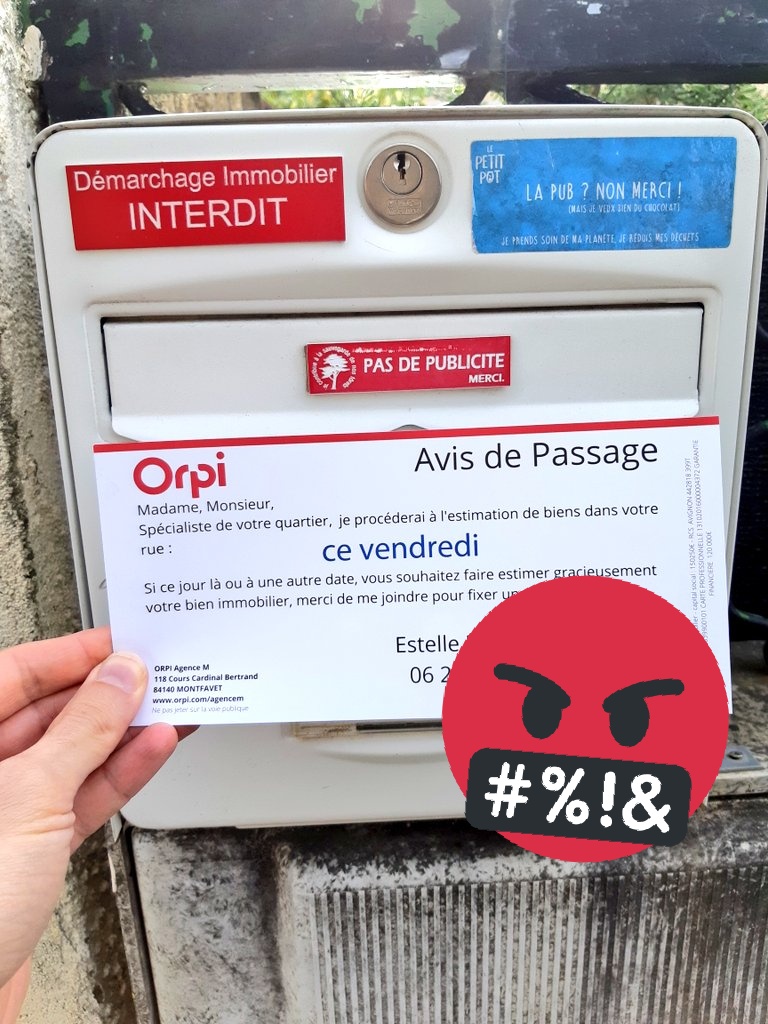N'est-il pas possible de s'opposer à la publicité par voie postale <a href="/CNIL/">CNIL</a> ... ? Un nouveau commentaire de sensibilisation des agences @Orpi_France ?...😡 #Cnil #immobilier
