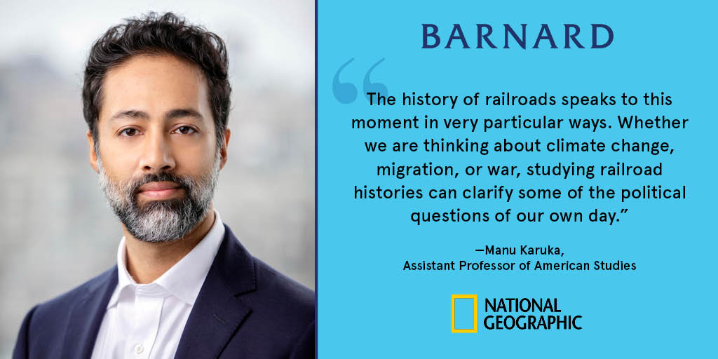 BarnardCollege's tweet photo. History can play a crucial role in helping us understand the present. In @NatGeo, Professor Manu Karuka (@manuvimalassery) considers how studying the Chinese immigrants' work on the transcontinental railroad can connect us to the current moment. #APAHAM https://t.co/cAvgiX1YNK https://t.co/JRqFOLDjBq