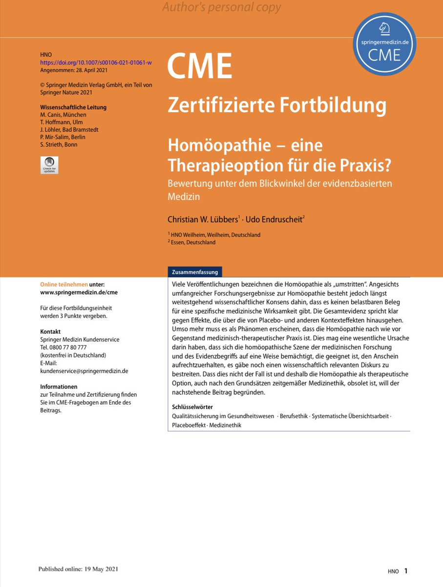 Nachdem der #Globukalypse Artikel von Udo Endruscheit und mir im Peer Review als „für unbedingt und mit Nachdruck publikationswürdig“ bewertet wurde, ist er nun endlich auch online: pubmed.ncbi.nlm.nih.gov/34009440/. "Homöopathie - eine Therapieoption für die Praxis?" Na, wer möchte lösen?
