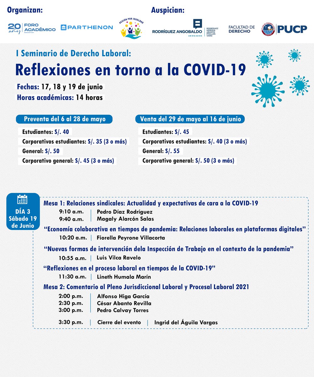 ForoAcademico's tweet photo. #DerechoLaboral #ViveForoViveDerecho
Compartimos  el programa del "I Seminario de Derecho Laboral: Reflexiones en torno a la COVID-19". Evento solidario con el objetivo recaudar fondos para colaborar con el tratamiento de salud de nuestra ex asociada Ingrid Del Águila Vargas. https://t.co/eEPjwFLoRI