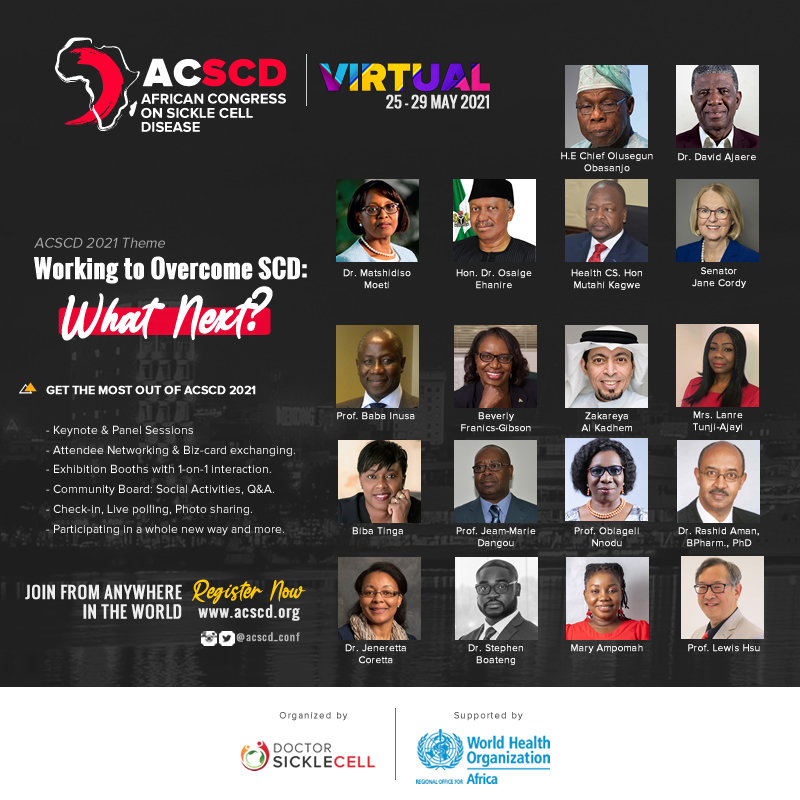 WHOAFRO's tweet image. Join discussions on overcoming sickle cell disease in #Africa at this year's virtual @ACSCD_Conf. Speakers will include leaders &amp;amp; experts from across the 🌍 Region such as Dr @MoetiTshidi &amp;amp; Dr Jean-Marie Dangou.

🗓️ 25-29 May
Register: acscd.org
