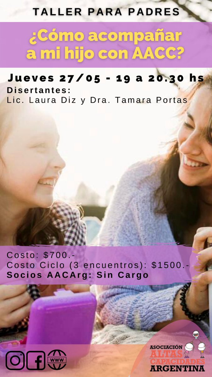 Se viene el 1° Encuentro del CICLO DE TALLERES PARA PADRES 2021
🔸 ¿Cómo acompañar a mi hijo con AACC?
👥 Dirigido a padres de niños con Altas Capacidades
🗓️ Día: Sábado 27/05 de 19:00 a 20:30 horas. Inscripción: forms.gle/brTq2mPFhJW4Vc…