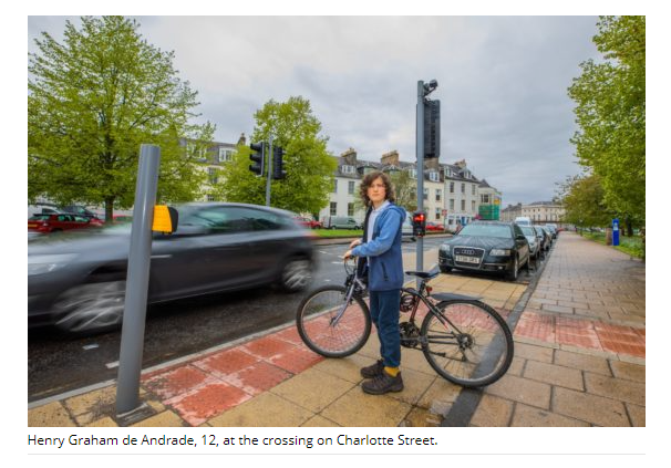 PALS was in the Courier yesterday saying Spaces for People are a Good Thing. thecourier.co.uk/fp/news/local/… <a href="/hikesperthshire/">Hikes Perthshire</a> persuaded son &amp; hound to pose for more road crossing / bike pics (by Steve MacDougall).  Great that <a href="/courier_pshire/">The Courier (Perth & Kinross)</a> picked this as a topic.