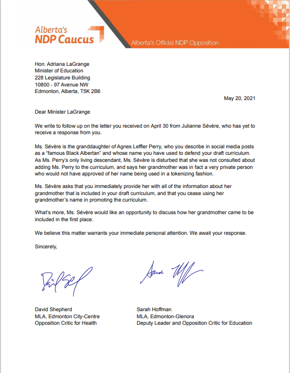 shoffmanAB's tweet photo. Today @DShepYEG and I sent this letter to @AdrianaLaGrange and told her to stop ignoring the concerns of an Albertan who doesn’t want her grandmother’s name used without consent to promote the UCP’s awful draft curriculum. #abed #ableg https://t.co/hsl0yW4FsV