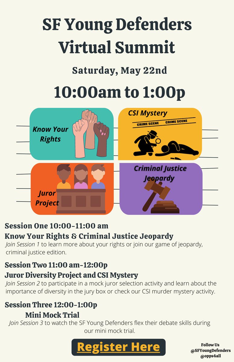 Mano Raju 力儲文 (@manorajupd) on Twitter photo Please join this special event on Saturday 5/22 - <a href="/SFYoungDefnders/">SF Young Defenders</a> Virtual Summit - learn about your rights & the importance of diverse juries, and watch these Young Defenders flex their debate skills in a mini mock trial. <a href="/opps4allsf/">Opportunities for All</a> <a href="/T4SJ/">Teachers 4 Social Justice</a> <a href="/SFHumanRights/">SF Human Rights</a>
zoom.us/meeting/regist… Please join this special event on Saturday 5/22 - <a href="/SFYoungDefnders/">SF Young Defenders</a> Virtual Summit - learn about your rights & the importance of diverse juries, and watch these Young Defenders flex their debate skills in a mini mock trial. <a href="/opps4allsf/">Opportunities for All</a> <a href="/T4SJ/">Teachers 4 Social Justice</a> <a href="/SFHumanRights/">SF Human Rights</a>
zoom.us/meeting/regist…