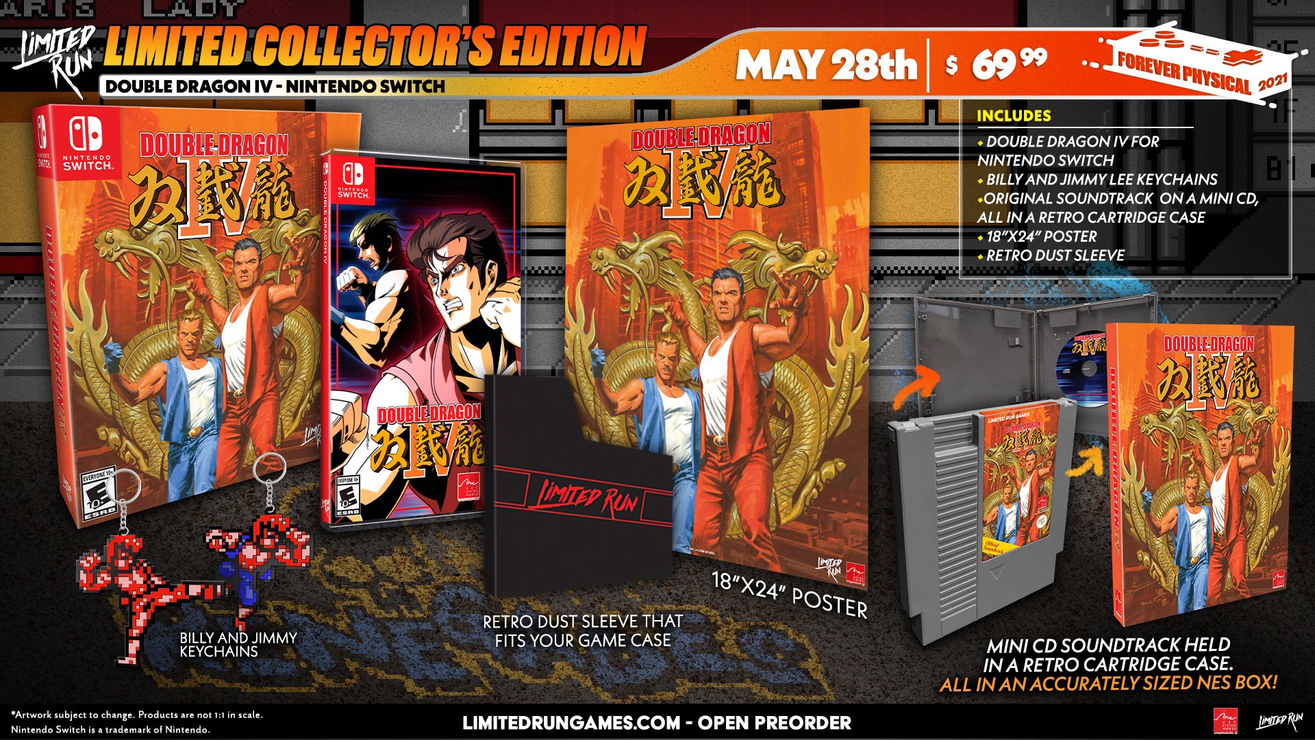 Limited Run Games on X: The Double Dragon IV Classic Edition for Switch  features Billy and Jimmy keychains, the original soundtrack on a mini-CD in  a retro cartridge case, and more! Standard