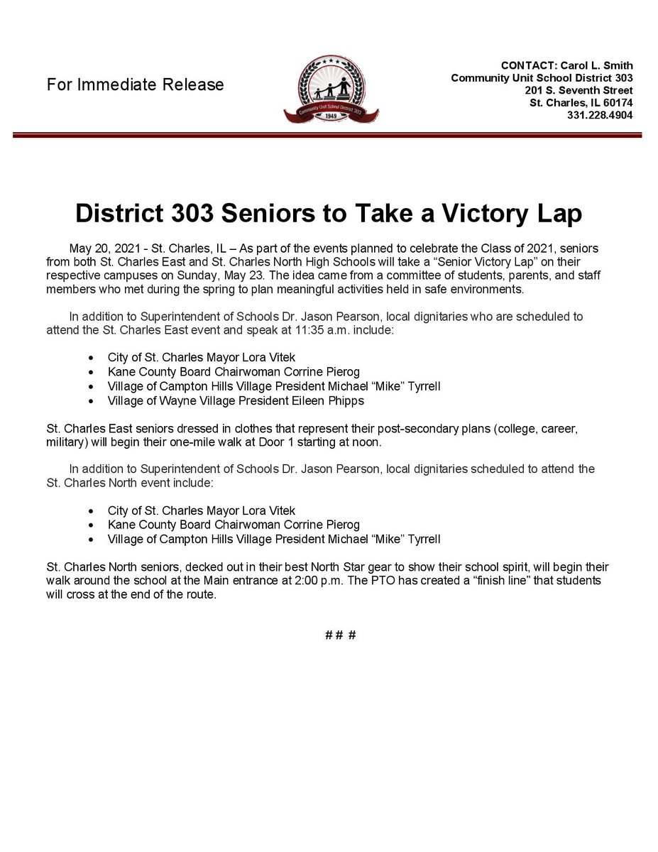D303 Victory Lap Parade - See the Press Release attached! We look forward to seeing you there. Please sign-up via the emails from Principal Richter.