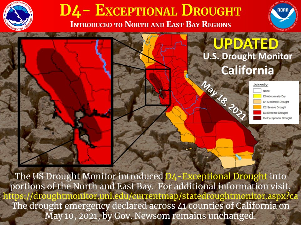 NWSBayArea's tweet photo. The #DroughtMonitor introduced D4-Exceptional Drought into the North and East Bay. D4 indicates exceptional and widespread crop/pasture losses and shortages of water in reservoirs, streams, and wells. The drought emergency remains unchanged. #cawx https://t.co/FuMdWnl61U https://t.co/jryUcwb2wH