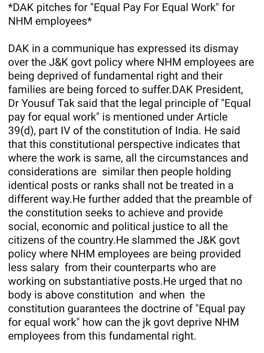 DAK for equal work equal pay to NHM employees <a href="/OfficeOfLGJandK/">Office of LG J&K</a> <a href="/manojsinha_/">Manoj Sinha</a>  <a href="/AtalDulloo/">Atal Dulloo</a> <a href="/yasinc_ias/">Yasin M. Choudhary</a> <a href="/NHMJK5/">NHM, J&K</a> <a href="/YousufTak/">Mohammad Yousuf Tak</a>