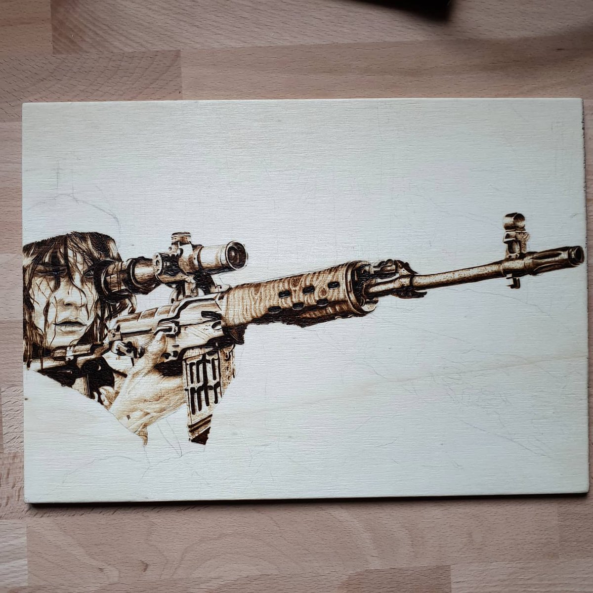 Graphtweet's tweet image. DAY 3 "Shooter"
#sniper #soldier #originalcharacter  #pyrography #woodburning #pyrogravure #art #artist #woodburn #woodburningart #drawing
#drawingart  #girl  #darkart  #dark #manga  #oc #dessin #characterdesign #rifle #shooter #dragunov #russia #russiangirl🇷🇺