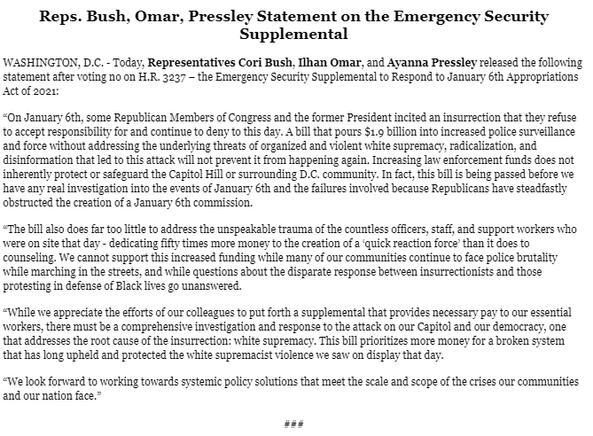 NikolenDC's tweet photo. The Democrats who voted NO on the #Jan6 #CapitolSecurity supplemental were @IlhanMN @RepPressley & @RepCori. They explain why in this statement: โฌ๏ธ https://t.co/gzbI3g9Yvs