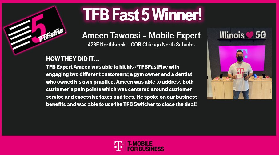 Congrats to #TFBFastFive winner <a href="/AmeenTawoosiTmo/">T-Woo</a> ! #BeastMode #WindyCityChamps #TMobileForBusiness #TFB #RDM