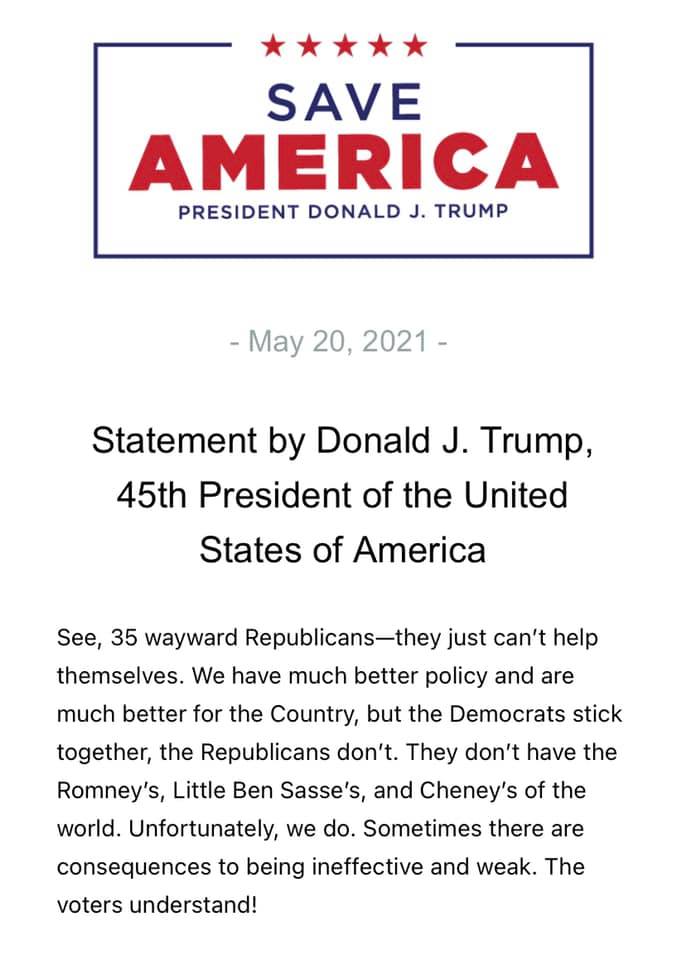 TheFirstonTV's tweet photo. Trump's statement on the 35 GOP defectors on the Jan. 6 Commission vote: https://t.co/SWHZDggPCZ