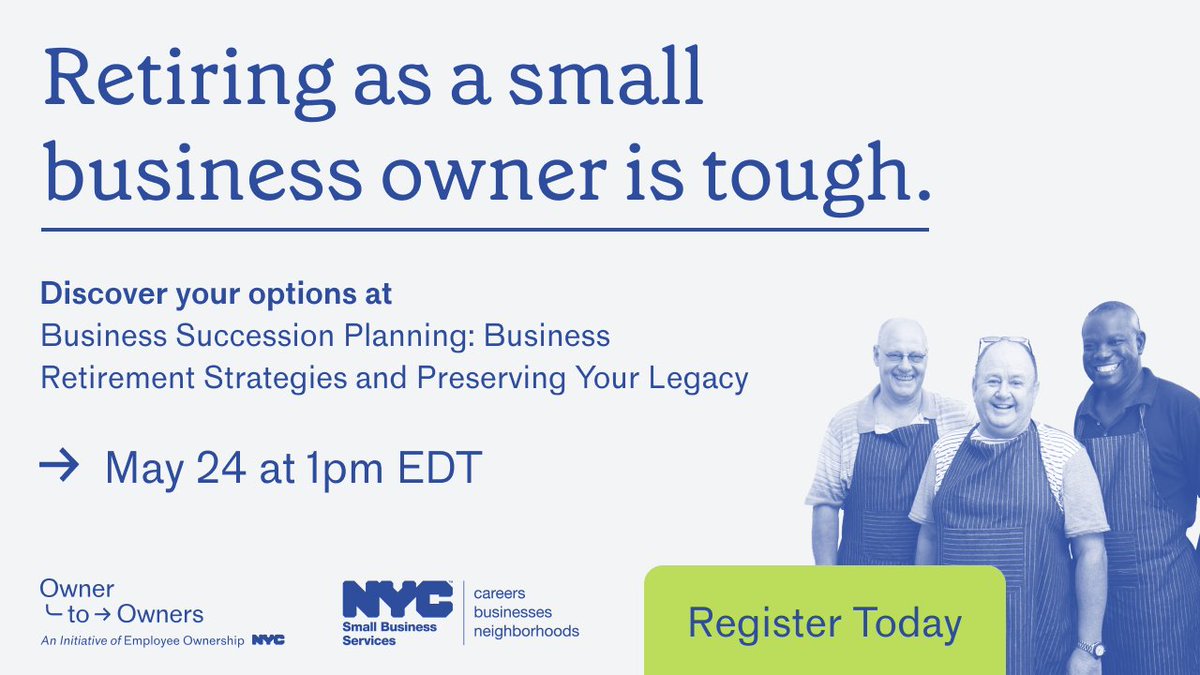 Thinking about retiring from your small business? Employee ownership could be the solution you're looking for. See how this flexible business model can help ease your retirement worries and set you up for your next step. RSVP at bit.ly/3vpUZ75 and see you on May 24!