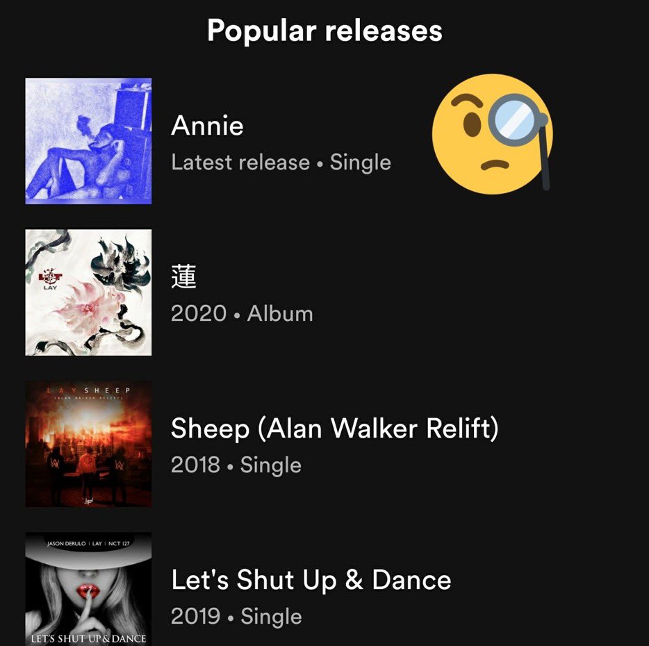 uunnabitte's tweet photo. @NEM0CHINGU @Spotify @SpotifyCares @layzhang Hello @Spotify @SpotifyCares, 
The song "Annie" under the artist name @layzhang is not sung or in anyway related to him. We request you to look into this matter and remove it from his Spotify page. https://t.co/6al01wHNXA