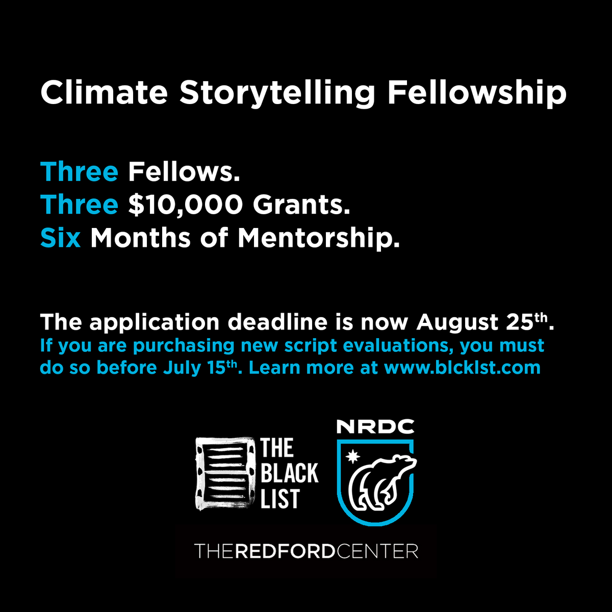 theblcklst's tweet photo. Three writers.
$10,000 each.
Six months of professional mentorship + story consulting.

Submissions are now OPEN for the Climate Storytelling Fellowship with @nrdc + @redfordcenter!

Opt-in until 8/25/21: https://t.co/zOw08vDq1u https://t.co/I1DuZZPgcz