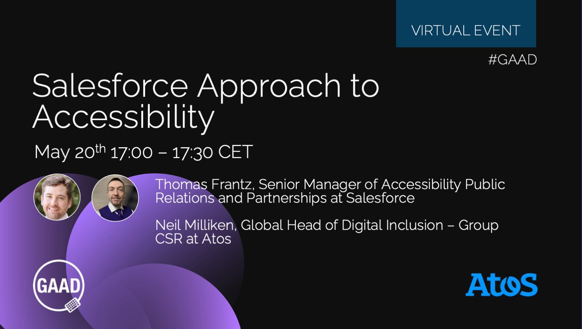 A big thank you to Atos and <a href="/NeilMilliken/">Neil Milliken</a> for having me join their #GAAD event. It was truly an honor to speak with one of my role models. I'm excited for what's next with <a href="/SalesforceA11y/">Salesforce Accessibility</a> and <a href="/Atos/">Atos</a>. I'm guessing it'll be something big 😉

#accessibility #a11y #Atos