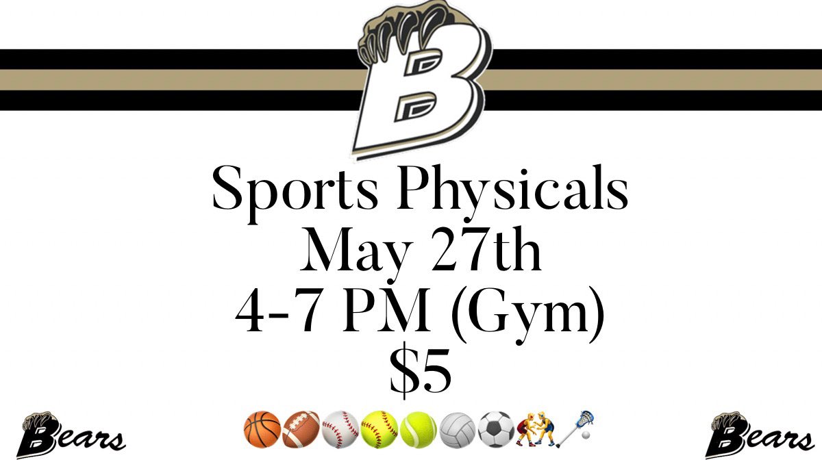 Sports Physicals 
Bradley Central 
May 27th 4-7 pm (Gym)
$5
Must have all the forms (Concussion,SCA and Parents Consent)forms below filled out. 🐻

cms-files.tssaa.org/documents/tssa…

tssaa.org/physical-forms