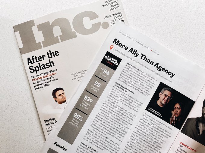 Pick up the latest issue of @Inc Magazine to see some familiar faces! We were featured for our ranking<a class="tags" target="_blank" title="On Twitter" href="/?out=eyJ0eXAiOiJKV1QiLCJhbGciOiJIUzUxMiJ9.eyJpYXQiOjE3MjQ3ODA4NTMsImlzcyI6InR3cG9ybnN0YXJzLmNvbSIsIm5iZiI6MTcyNDc4MDg1MywiZXhwIjoxNzU2MzE2ODUzLCJyZWRpcmVjdF91cmwiOiJodHRwczovL3R3aXR0ZXIuY29tL0luYyJ9.rSsiBNURBvaVmgO9LACuQQTheRFZflMPd9YeiYRdOGwmLiW8n7soLXjwfV-nNlltJSZqM-H0jtXSZ9XBivdeMg">@Inc</a><a href="/tag/designer"class="tags"><span>#designer</span></a><a href="/tag/designthinking"class="tags"><span>#designthinking</span></a><a href="/tag/methodweek"class="tags"><span>#methodweek</span></a><a href="/tag/produc"class="tags"><span>#produc</span></a>