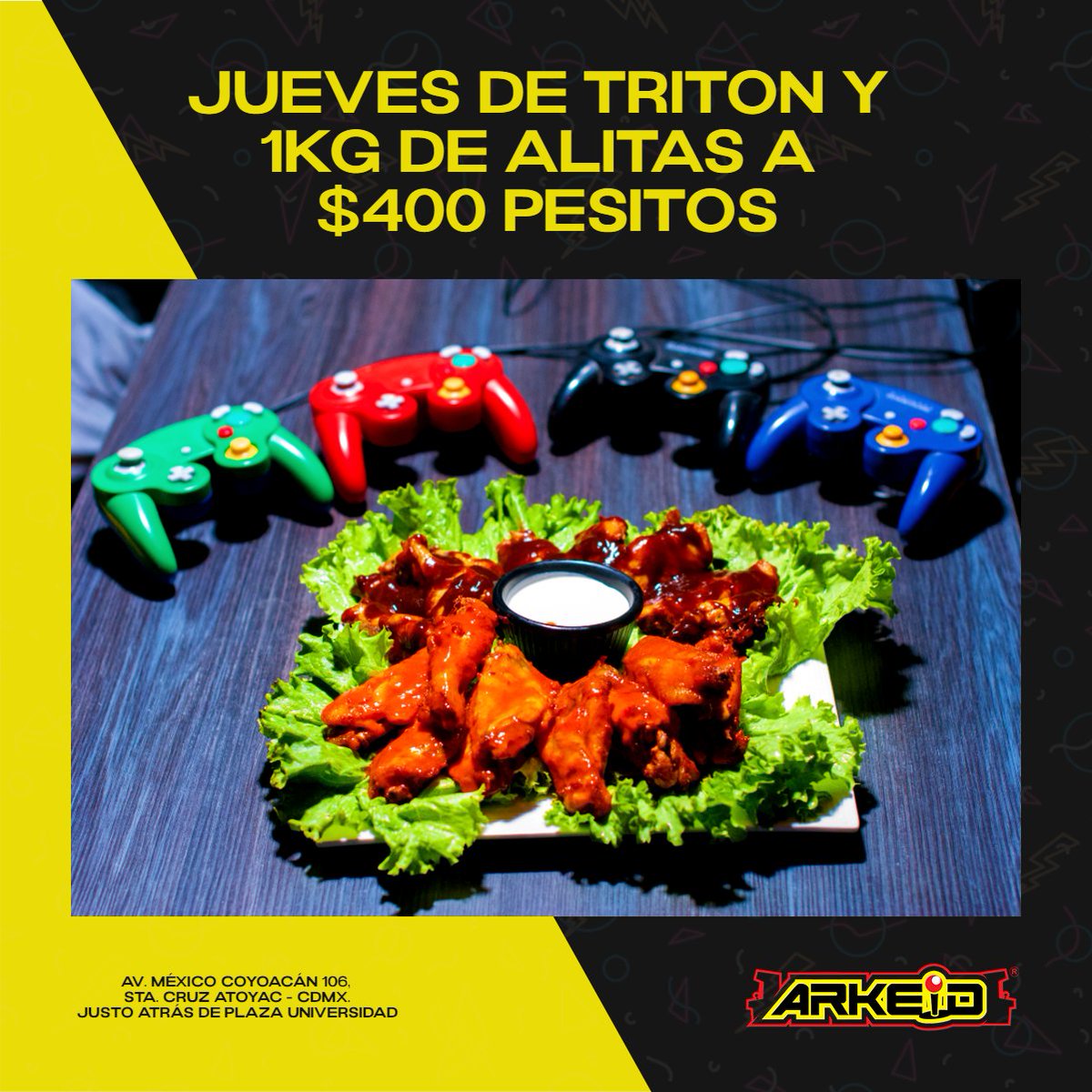 Videojuegos y las mejores alitas. ¿Qué más puedes pedir? 
Te esperamos todos los días de 2 a 10 p.m. 
Aquí -------> arkeid.com/ubicacion/