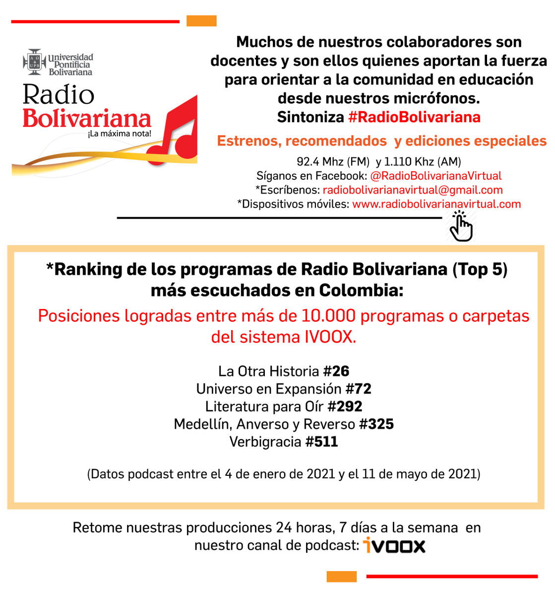 UniversoERadio's tweet photo. ¡Este reconocimiento es para Uds, nuestros oyentes! 

Somos el 2do programa en #podcast mas escuchado de Radio Bolivariana a nivel nacional y de 10.000 programas estamos puesto #72 de los mas escuchados en Ivoox en español 
👉https://t.co/5iFoX5Gtty https://t.co/CSyZ2ZcUmB