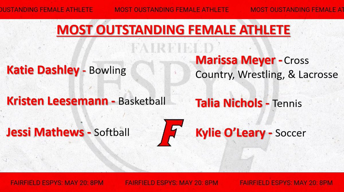 fcsdathletics's tweet photo. We're excited to announce our six finalists for Most Outstanding Female Athlete. 

Last year's winner, @shelbyoleary_ will pass the honor on to this year's top female athlete!

Join Us on tonight at 8PM: https://t.co/exfSPFQW9e

#FairfieldESPYs #OneTribe https://t.co/ckpHvBUB5m
