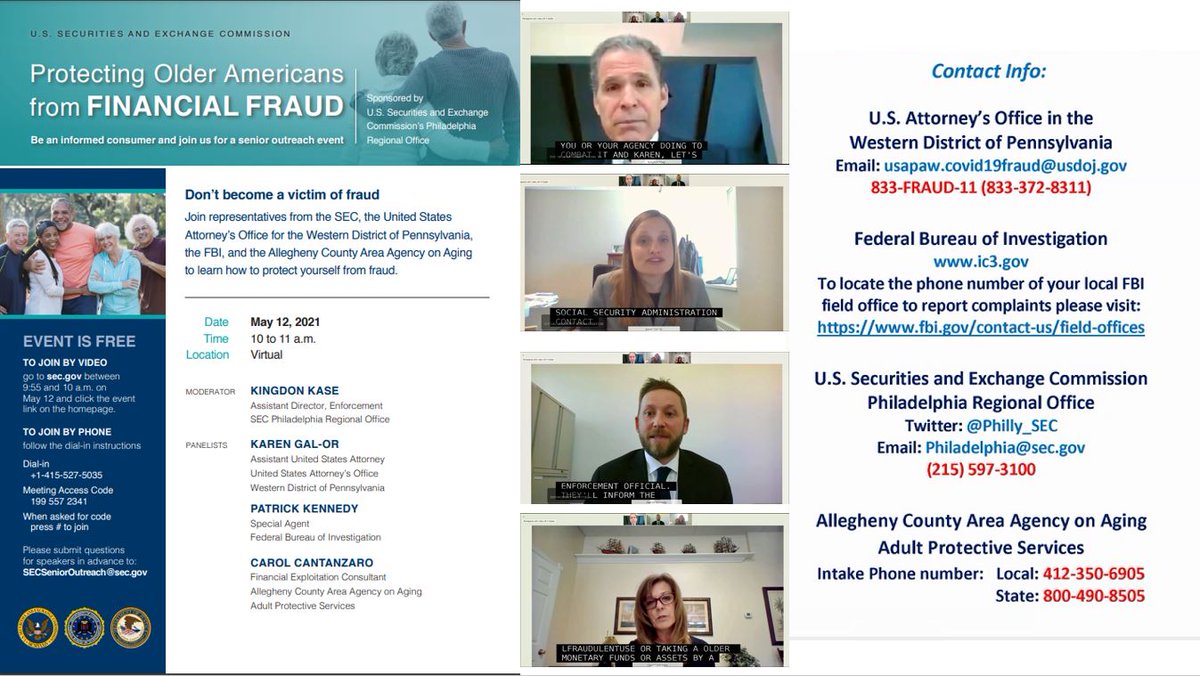Many thanks to <a href="/WDPAnews/">WDPAnews</a> <a href="/FBIPittsburgh/">FBI Pittsburgh</a> and <a href="/ACDHS/">Allegheny County DHS</a> for teaming up with the Philly SEC Office last week to help older Americans to protect themselves from financial fraud. If you’re aware of a financial scheme targeting older Americans, please contact us: