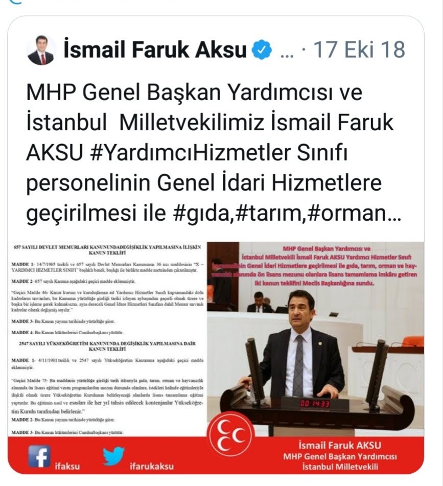 Sayın vekilim,<a href="/ifarukaksu/">İsmail Faruk Aksu</a> yardımcı hizmetler sınıfı sizce de çok beklemedi mi. 
2018 yılında bizi sevindirecek kanun teklifi hazırladiniz. Aradan 3 yıl geçti ve hala bit gelişme yok artık bizlerde ya GIH'e  geçecelim ya da yaptığımiz mesleklere göre bizi TIH sınıfına alsınlar