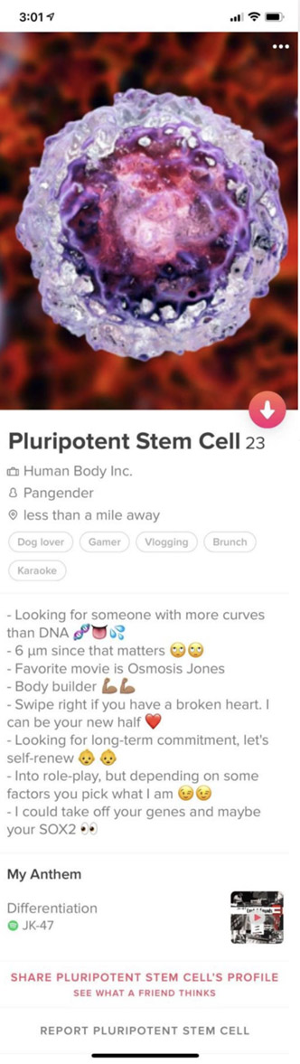 Grading exams. For my Tissue Engineering class I decided to give students the option to create course-related memes for an extra credit assignment (20/10 recommend - will def share later). 

But then one student created a Tinder profile for Pluripotent Stem Cells and I am 💀