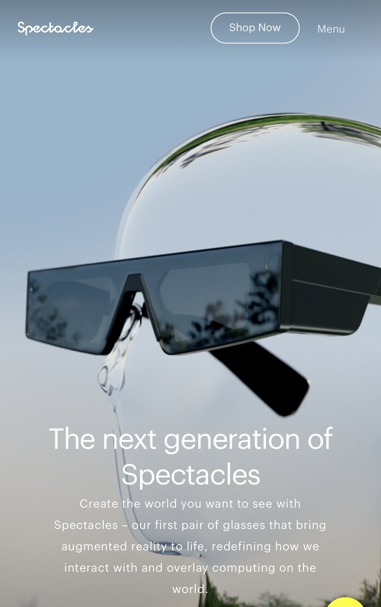 benwood's tweet photo. The @Snapchat #Spectacles4 break cover. Very limited release to selected Snap creators only at present. Super bright 2000 nits dual displays, four cameras, two speakers, 26.3° field of view. Another step towards the #smartglasses vision. https://t.co/topEwWDenj https://t.co/grE0zj6jpG
