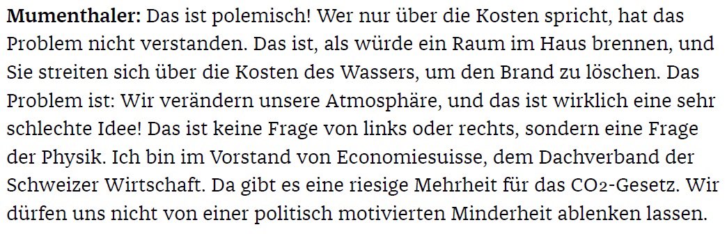 „als würde ein Raum im Haus brennen, und Sie streiten sich über die Kosten des Wassers, um den Brand zu löschen", sagt <a href="/SwissRe/">Swiss Re</a> CEO Mumenthaler zur Debatte @CO2GesetzJa! ▶️ Durfte zahlreiche Debatten mit Gegnern führen. Genauso kommt es mir vor! <a href="/economiesuisse/">economiesuisse</a> <a href="/swisscleantechD/">swisscleantech</a>