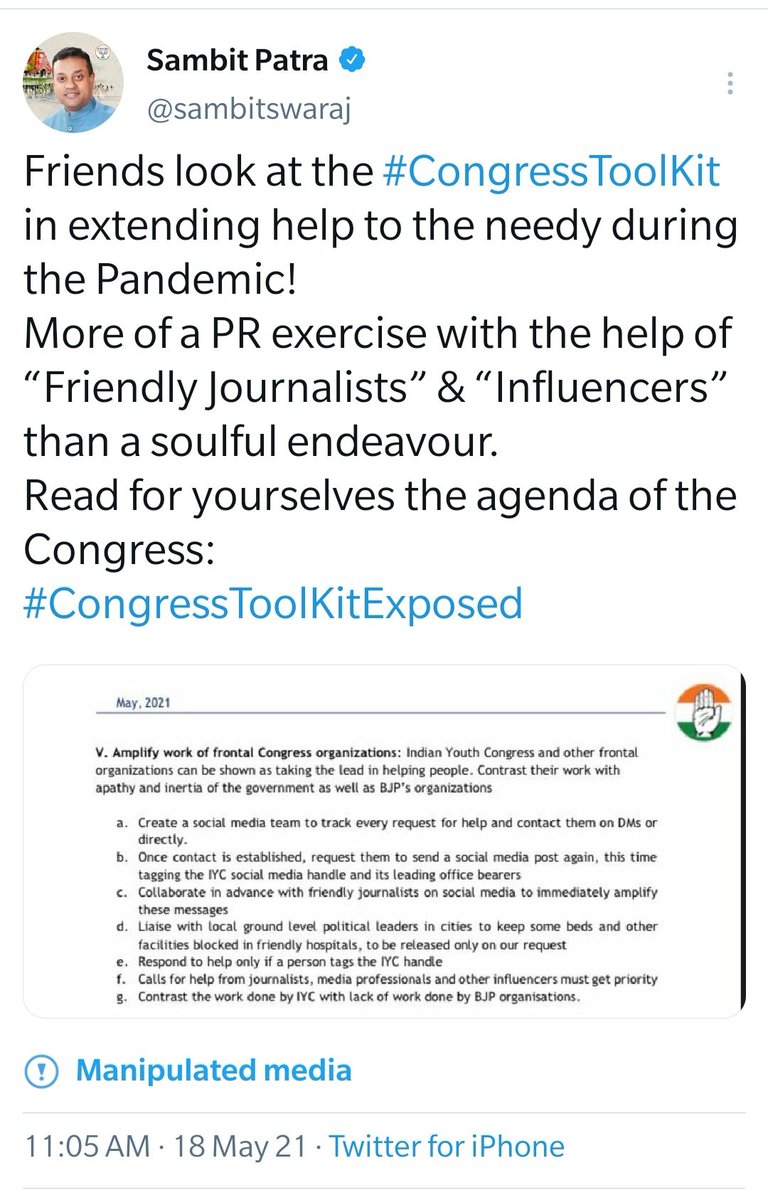 HasibaAmin's tweet photo. Good to see that twitter has marked Sambit jhoota Patra's tweet as manipulated media. #BJPToolkitOfLies https://t.co/uJmAMDTITP