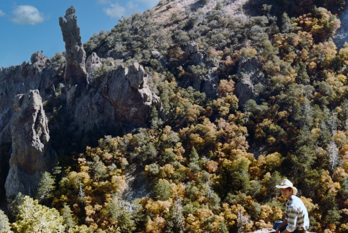 TracesofTexas's tweet image. Mark Stevens shared this shot of himself in Big Bend National Park in 1976. He's overlooking The Boot,  a well-known geologic feature in the Chisos Mountains. Speaking from a lot of personal experience, it's one of the prettiest spots in Texas, particularly in early-mid November.