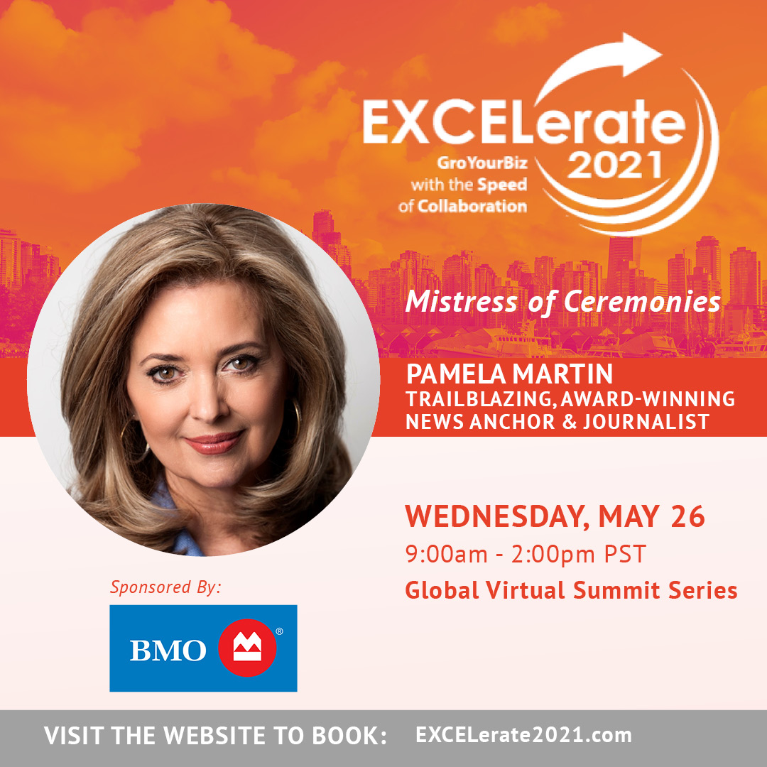 Meet the Mistress of Ceremonies for #EXCELerate2021’s final day on May 26! <a href="/pamelamartin_bc/">Pamela Martin</a> is trail-blazing and renowned #NewsBroadcasting veteran in #BritishColumbia. Buy Tickets: excelerate-conference.com/shop/may-26th/ #BMOForWomen #MNP